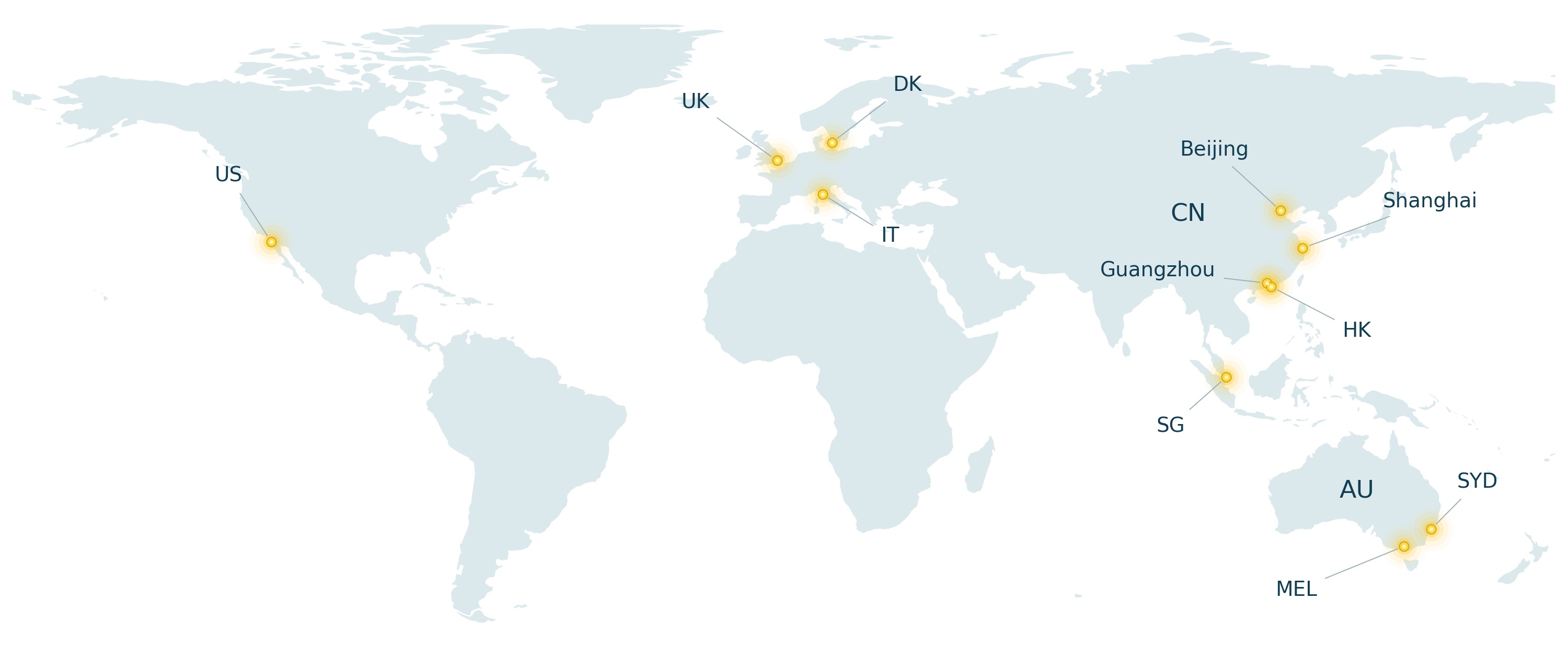 World map highlighting San Diego, London, Pisa, Copenhagen, Beijing, Shanghai, Guangzhou, Hong Kong, Singapore, Melbourne and Sydney.